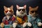 cats portrait with sunglasses, Funny animals in a group together looking at the camera, wearing clothes, having fun