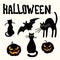 Cats, pumpkin lanterns, bat and Halloween title