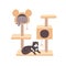 The cats are resting in the cat tower. Luxurious yellow pet house. Cat tree with a home and a scratching post. Black and