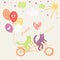 Cats riding a tandem bicycle with balloons. Invitation design