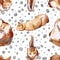 Cats seamless pattern, assorted cats and colorful dots on a white background watercolor illustration