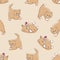 Cats seamless pattern. Funny cartoon kittens in different poses on beige color background. Vector hand-drawn illustration in flat