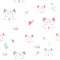 Cats seamless vector pattern with hearts. Cute hand drawn pink kitten faces. Valentines day. on white bacground