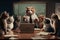 Cats sitting around a boardroom table, dressed in business suits, one of them presenting a sales pitch on a graph illustration