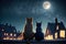 Cats sitting on roof at night, two pets looking at moon and stars in sky, generative AI