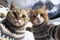 Cats wearing sweaters make selfie, funny pets on vacation in mountains, generative AI