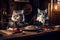 Cats wearing vintage outfit sitting in old tavern, funny pets, generative AI