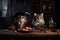Cats wearing vintage outfit sitting in old tavern, funny pets, generative AI
