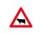 Cattle crossing warning road sign. Vector illustration of cow caution traffic sign. Farm hazzard attention red triangle mark