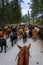 Cattle drive from the point of view of the cowboy, horse head, cows on gravel road moving through the forest, Eastern Washington S