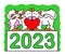 Cattle in love sitting high on a pedestal hug a big red heart celebrate the new year 2023