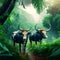 Cattle in the rainforest. BANNER, LONG FORMAT AI Generated