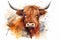 Cattle from scotland, highland cow from scotland, the bull had horns, isolated with space to write your own words, aquarelle, wate