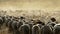 Cattle sheeps walking at sunset in a big dust cloud, livestock