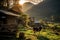 Cattle in the village in the highlands of the Himalayas. Generative AI