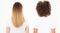 Caucasian and afro woman hair type set back view isolated on white background. African curly hairstyle, ombre healthy blonde hair.