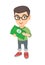 Caucasian boy in glasses holding money in hands.