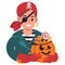 Caucasian boy with halloween pumpkin dressed as a pirate. Flat style Illustration