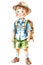 Caucasian boy scout in shorts, hat, uniform ready for hiking, colorful watercolor illustration