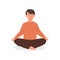 Caucasian boy sitting on floor in cross legged position and meditating. Child or teen doing yoga exercise. Meditation