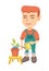 Caucasian boy watering plant with a watering can.