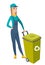 Caucasian builder pushing recycle bin.
