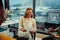 Caucasian business woman laughing with colleagues relaxing while brainstorming in office before meeting