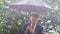 Caucasian businessman sheltering underneath an umbrella in the rain