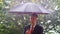 Caucasian businessman sheltering underneath an umbrella in the rain