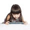 Caucasian child kid girl sister lying on the bed with tablet pc isolated