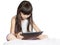 Caucasian child kid girl sister sitting on the bed with tablet p