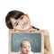 Caucasian child sister holding chalkboard and baby brother face isolated