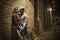 Caucasian couple kissing in brick alley way