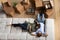 Caucasian couple relax on couch on moving day