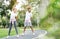 Caucasian couples exercising outdoor Or Park in the morning. Daily workout will keep your body healthy. Lifestyle in the new