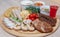 Caucasian cuisine dish, wine, appetizer, spices, sauce, barbecue