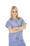 Caucasian doctor or nurse wearing blue scrubs