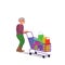 Caucasian elderly retired man walking with empty shopping cart. Flat style stock vector illustration, isolated on white