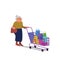 Caucasian elderly retired woman walking with shopping cart full of purchases. Flat style stock vector illustration