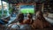 Caucasian family watching tv with football match on screen. Global sport concept. Generative AI