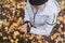 Caucasian female runner starting activity on smartwatch. Woman monitoring a heart rate on her watch. Top view with yellow leaves