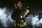 Caucasian fireman in uniform stand in smoke