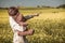 Caucasian Girl with Teddy Bear Showing Him Path to Better Future