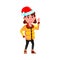 caucasian girl teen wearing santa hat celebrate christmas outside cartoon vector