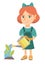 Caucasian girl watering plant with a watering can.