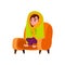 caucasian girl wrapped in blanket sitting in armchair cartoon vector
