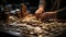 Caucasian hand making homemade chocolate, part of large workshop group generated by AI