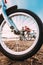 Caucasian Happy Mother And Son Riding Together And Posing For Photo. View From Bicycle Wheel, Family Riding Bicycles