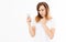 Caucasian hispanic happy casual woman using a smart phone  on a white background