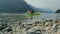 Caucasian kayaker paddling on the lake